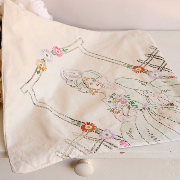 Vintage 1940s Throw Pillow Cover, Embroidered Lady And Flowers Pillowcase - Picture 1 of 10
